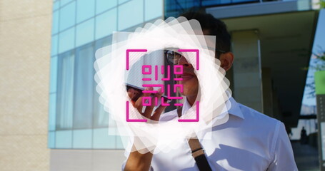 Poster - Image of shapes and qr code over man using smartphone