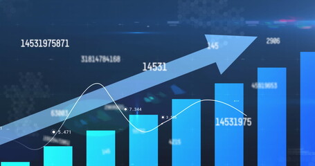 Poster - Image of multiple changing numbers and statistical data processing against blue background