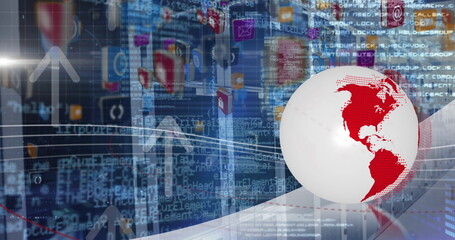 Poster - image of spinning globe, digital icons and data processing over empty computer server room