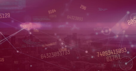Poster - image of changing numbers and statistical data processing against aerial view of cityscape