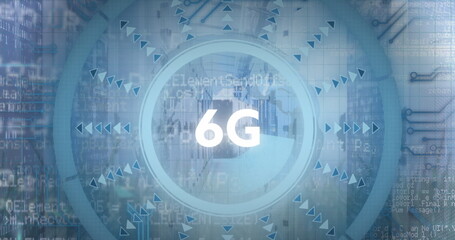 Poster - image of 6g text over round scanner and spinning globe against empty computer server room