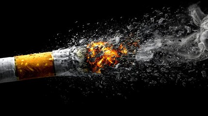 Exploding cigarette shows the dangerous effects and damaging consequences of tobacco use on health risks.