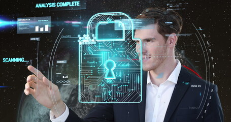 Poster - image of data processing over caucasian man and moon