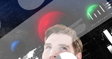 Poster - image of data processing over caucasian man and planets