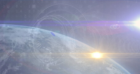 Poster - Displaying Earth curvature with semi-transparent HUD graphics and floating data in orbit, sun glare