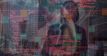Poster - image of data processing over african american businesswoman talking on smartphone