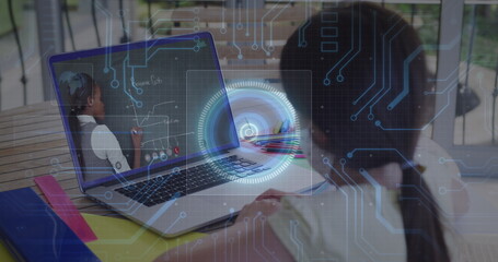 Poster - Image of round scanner and microprocessor connections against girl having a image call on laptop
