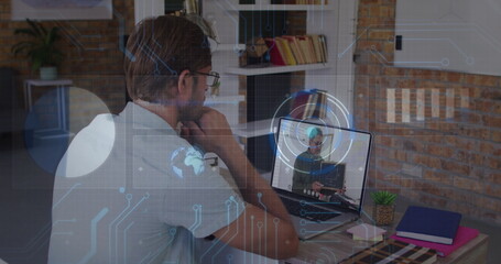 Poster - Image of data processing over caucasian male teacher having a image call on laptop