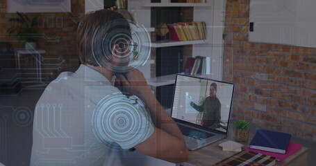 Poster - Image of data processing over caucasian male teacher having a image call on laptop