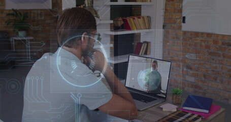 Poster - Image of data processing over caucasian male teacher having a image call on laptop