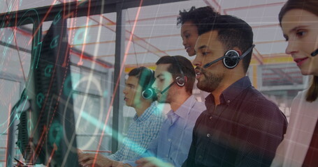 Poster - Image of data processing over team of diverse customer care executives working at office