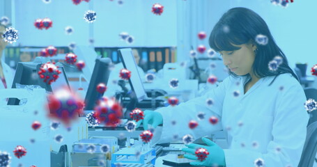 Poster - Image of virus cells over diverse doctors