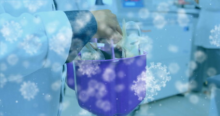 Poster - Image of virus cells over caucasian doctor in lab