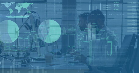 Poster - image of financial data processing over business people walking in office