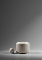 Poster - Minimalist Beige Container and Sphere - A simple, elegant of a beige cylindrical container and a small sphere, set against a neutral gray background
