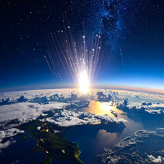 Wall Mural - Stunning Space Explosion Over Earth s Horizon at Sunrise Cosmic Event Celestial Burst