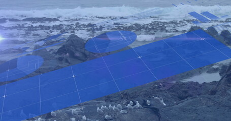 Poster - Image of blue graphs and charts moving over birds and waves splashing on rocky beach