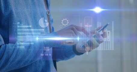 Poster - Image of flare with graphs and computer icons over midsection of man using smartphone