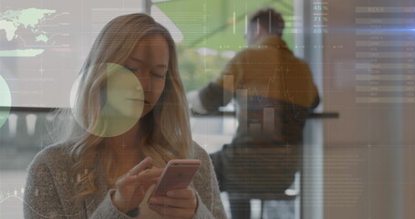 Poster - image of network of connections over businesswoman in office