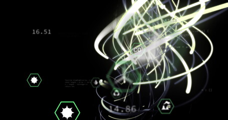 Poster - Image of wavy lights and eco icons on black background