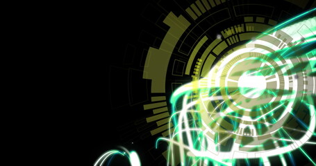 Poster - Image of wavy lights and processing circle on black background