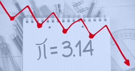 Poster - Image of red line graph downgrading and notebook with pie formula and stationery on table