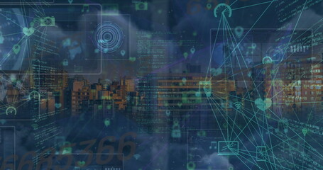 Poster - Image of network of connections with icons over data processing
