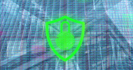 Poster - Image of padlock and data processing over cityscape and computer servers