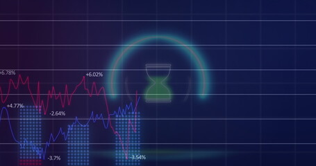 Poster - Image of neon circle with hourglass over digital screen with financial graphs