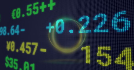 Poster - Image of neon circles over financial data on navy background