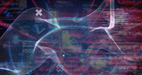 Poster - Image of waves and shapes over data processing in digital space
