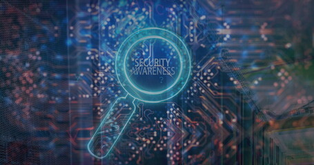 Poster - Image of security awareness text over reading glass and server room