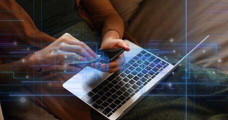 Poster - Image of empty interface screens and data processing over woman with laptop cleaning smartphone