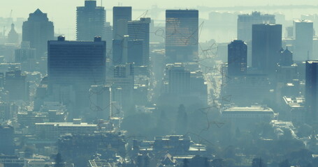 Poster - Image of shapes moving over cityscape