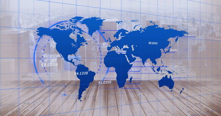 Poster - Image of data processing and world map over cityscape