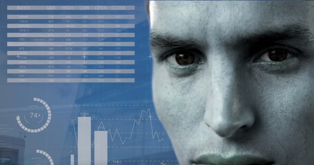 Poster - Image of statistics and financial data processing over caucasian man