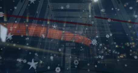 Poster - image of star icons over computer server room against night city traffic