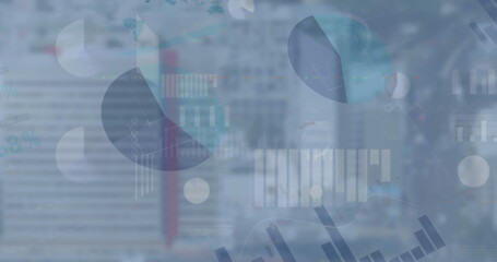 Poster - Image of graphs and charts processing data over modern cityscape