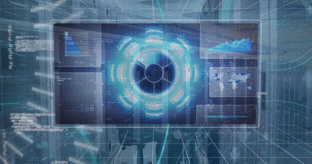 Poster - Projecting holographic UI with charts and map overlay on wide monitor in data center, racks, cables
