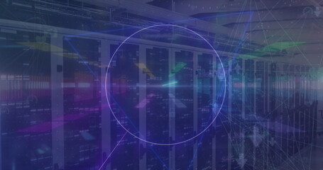 Poster - Standing central server racks with blinking LEDs, cable trays and digital overlays in data center