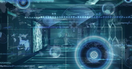 Poster - Image of robotic arm over data processing on black background