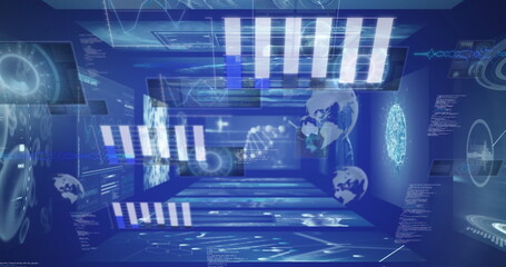 Poster - Image of financial data processing over business people walking in office