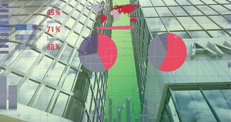 Poster - Image of statistical data processing against tall buildings