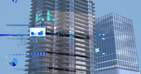 Poster - Image of statistical data processing against tall buildings