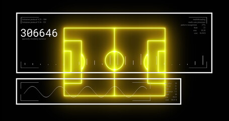 Poster - Image of neon stadium over data processing on black background