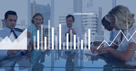 Poster - Image of data processing over diverse business people in office