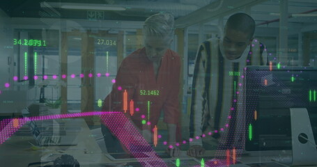 Poster - Image of financial data over caucasian businesspeople and road traffic