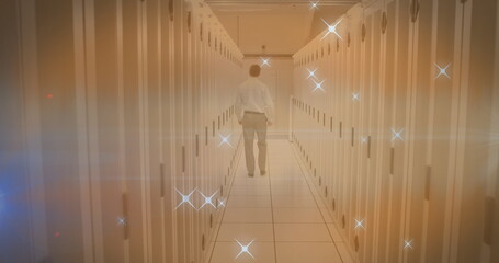 Poster - Image of moving stars and caucasian male worker over server room