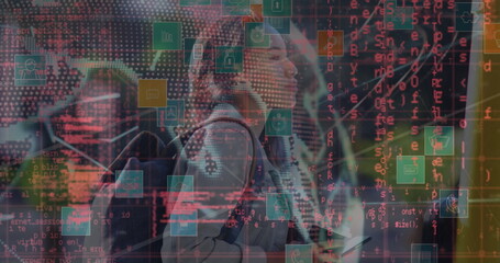 Poster - Image of financial data processing over business people using phone headsets