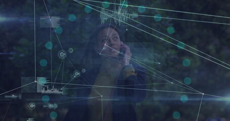 Poster - Image of network of connections over african american businesswoman talking on smartphone